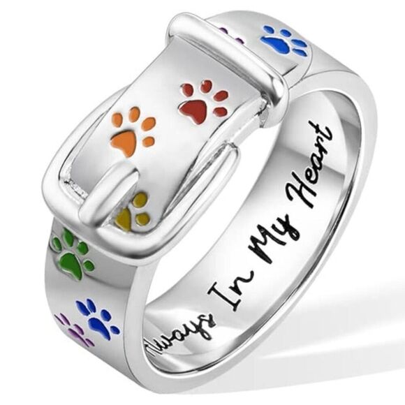 NWT Pet Collar Ring Sz 8 w/Rainbow Dog Cat Paw Print engraved Always in my Heart - Picture 1 of 11